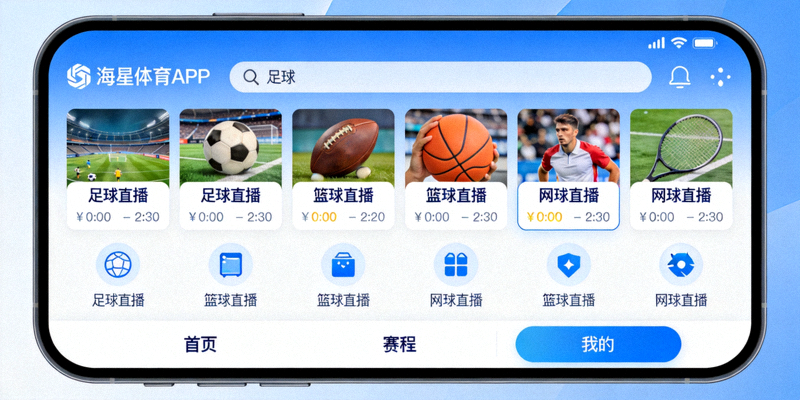 海星体育APP界面展示，屏幕上同时排列着足球、篮球、网球等不同赛事的直播入口
