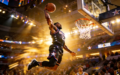 NBA全明星赛精彩瞬间，球员在空中完成扣篮