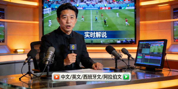 解说员在演播室内使用多种语言进行赛事解说